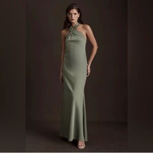 BHLDN Anthropologie Ruby NEW Twist Halter Satin Gown Size 8 Dress Moss Green